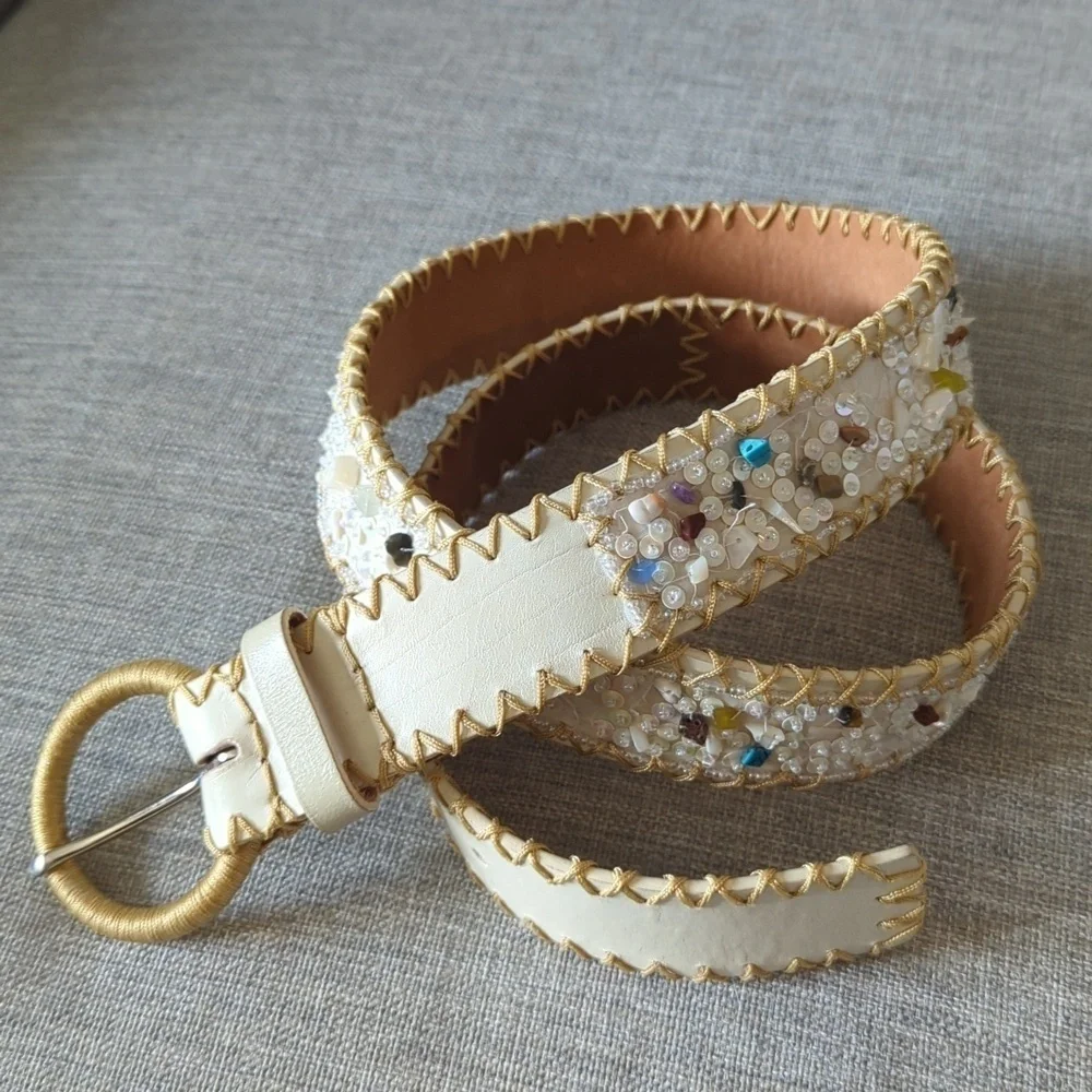 Ivory Genuine Leather Beaded Belt Gold Whipstitch Sequin Boho Western